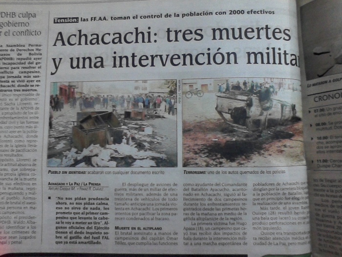 Arde Achacachi. Provincia Omasuyos (La Prensa, 9 de abril del 2000)