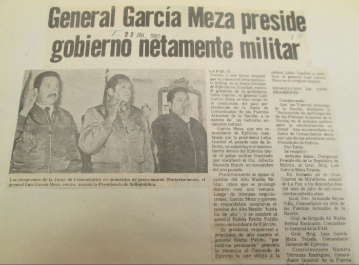 GOLPE MILITAR EN BOLIVIA, 17 DE JULIO DE 1980